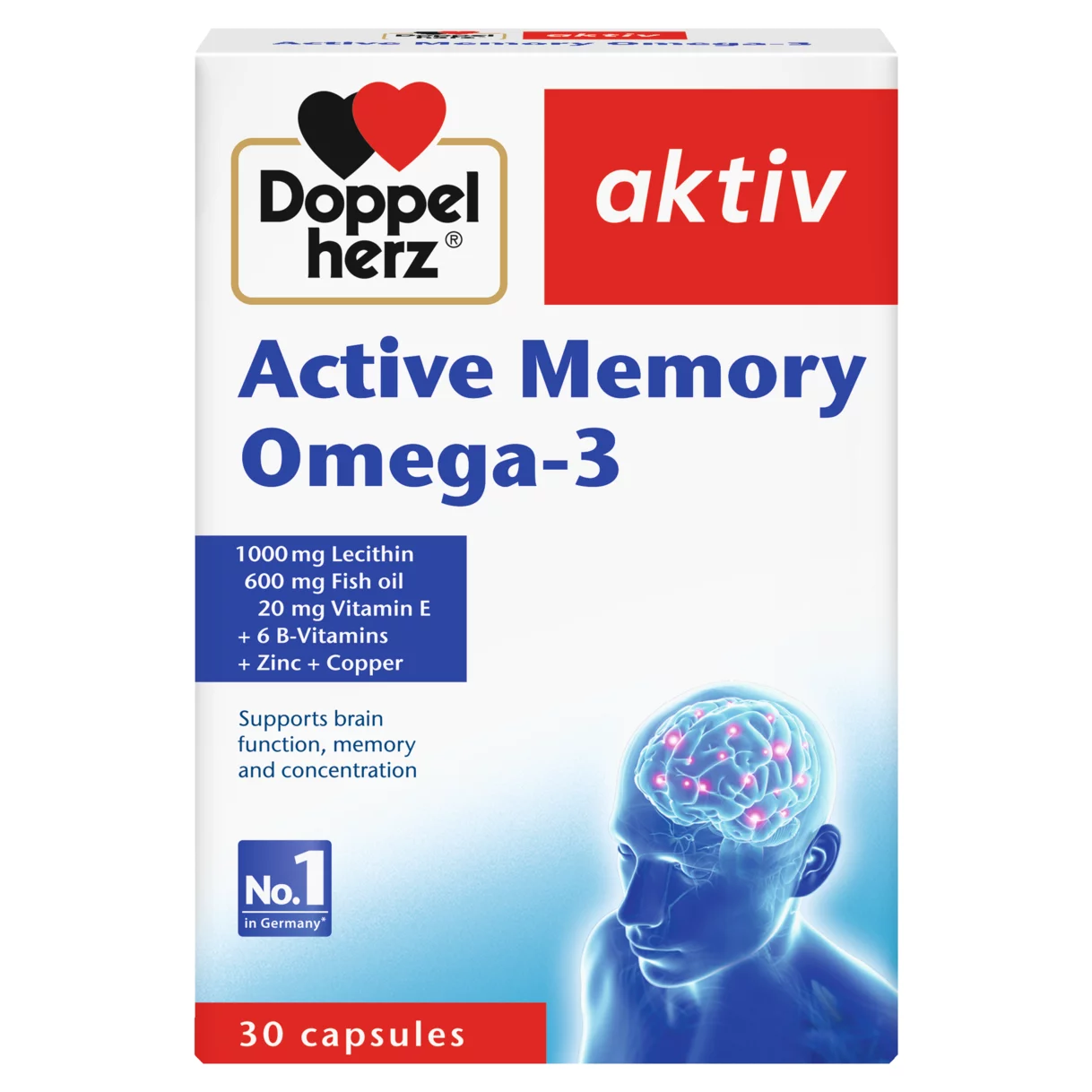 Illustration of the product packaging Doppelherz aktiv Active Memory Omega-3 front view
